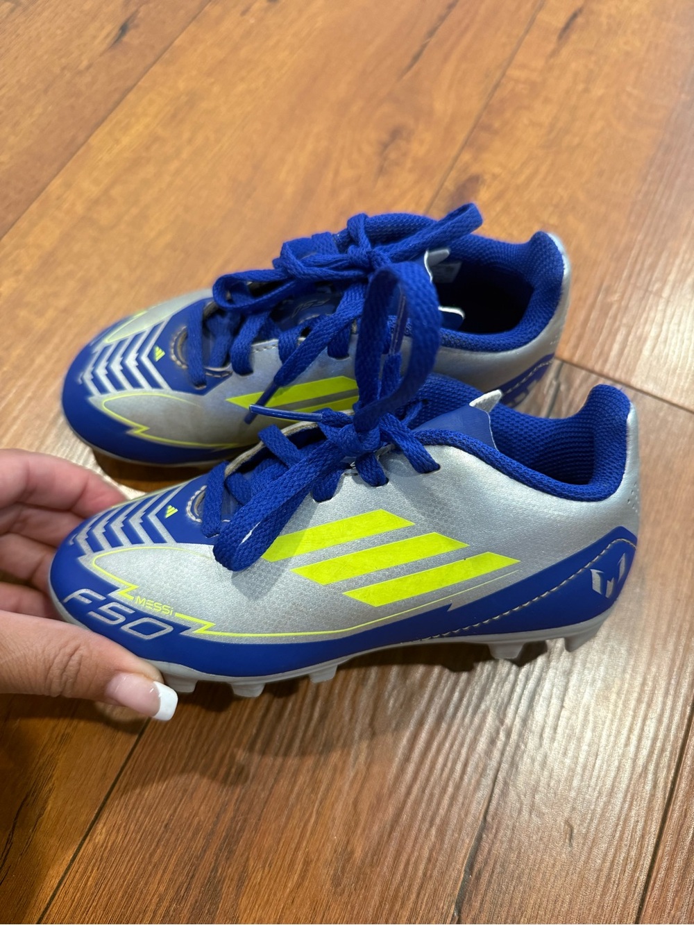 adidas Kids Blue Silver Soccer Cleats with Neon Yellow Accents
